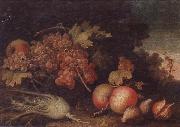 unknow artist Still lifes of Grapes,figs,apples,pears,pomegranates,black currants and fennel,within a landscape setting Spain oil painting reproduction